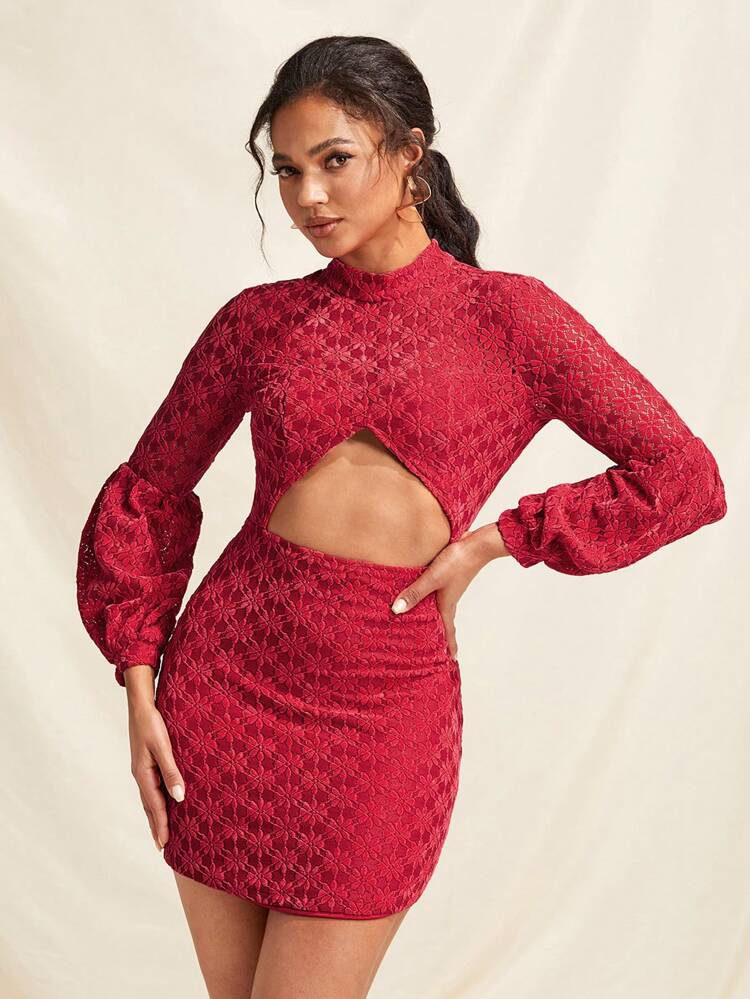 Designer Long Sleeve Romantic Cutout Lace Elegant Dress, New Year Eve Outfit, Fall , For Autumn, Holiday, Party, Valentine's Day, Festival