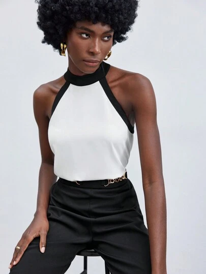 Maija Women's Colorblocked Woven Sleeveless Shirt With Stand Collar,Autumn Outfits For Women