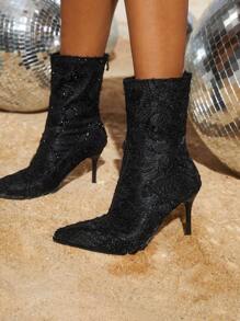 1pair Back Zipper High-heeled Fashionable Boots - Black - View 8