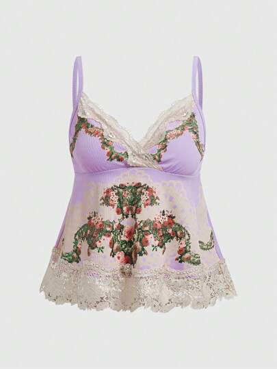 Fairycore Camisole En Dentelle Patchwork À Imprimé Floral Pour Femme