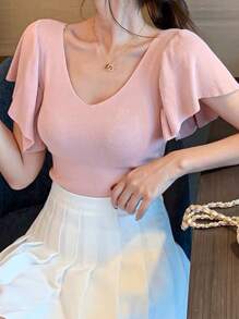 SHEIN MOOSTA 女式大尺碼時尚設計荷葉袖v領針織上衣 - 粉色 - 查看 4