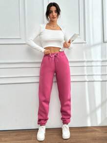 SHEIN Cottnline Pantalones Deportivos Con Cordón En La Cintura Y Dobladillo Con Puños Para Mujer - Rosa - Ver 5