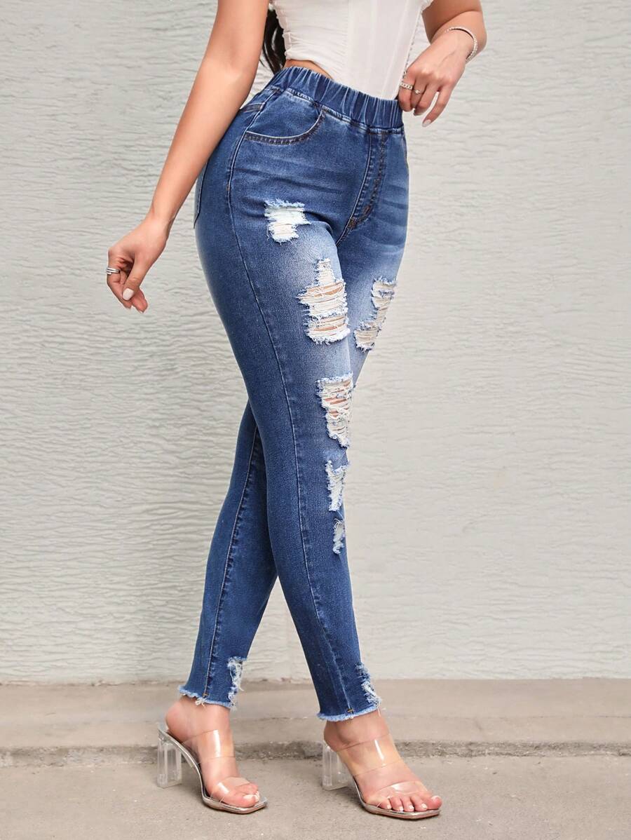 SHEIN SXY Quý cô Đau khổ Denim Quần jean - Rửa tối - Xem 1