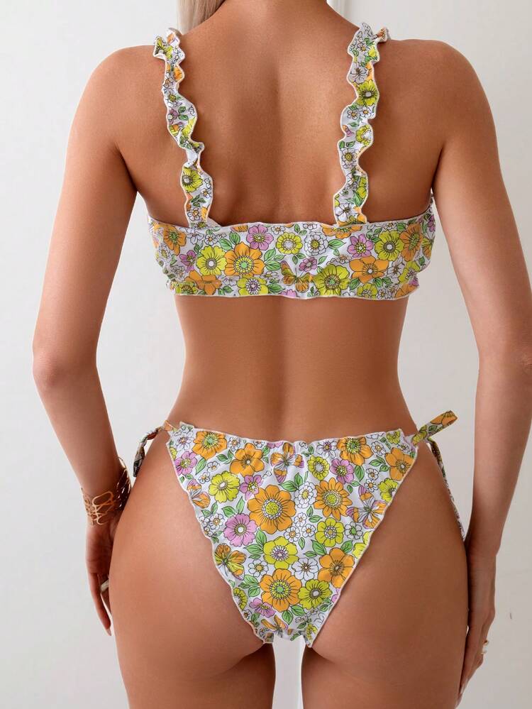 Summer Women's Cottage Core Flower Print Knot Front Two Pieces Bikini Set