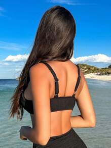 SHEIN Swim 纯色扭纹比基尼上衣 嘉年华 夏季 - 黑色 - 查看 2