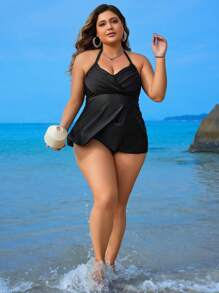 Swim Lushoire Của phụ nữ Kích thước lớn Màu thuần Halterneck Áo vest Phong cách Bikini - màu đen - Xem 4