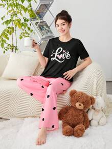 SHEIN Teen Girls' Letter Print T-Shirt & Heart Patterned Long Pants Pajama Set - Pink - View 5