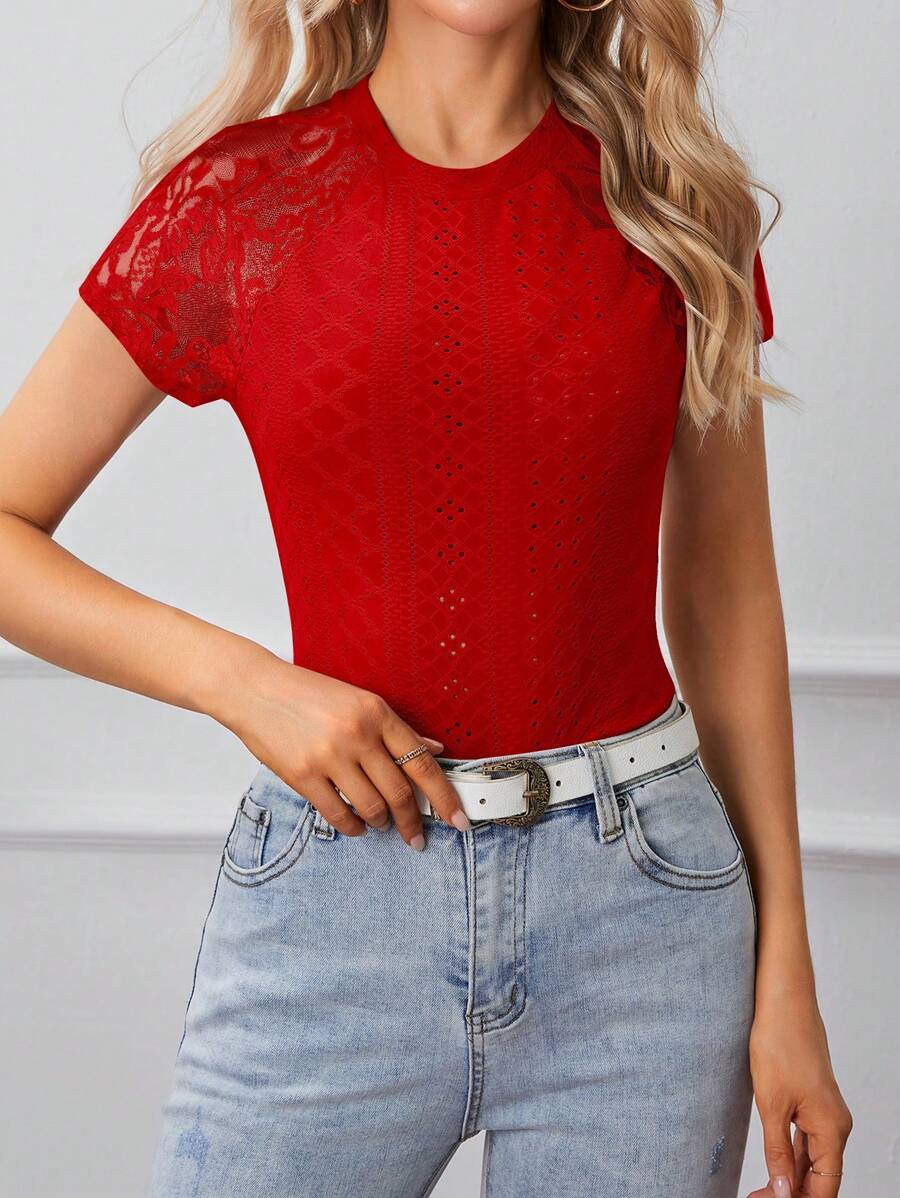 SHEIN Frenchy Quý cô Ren Vá lại Tay Raglan Áo thun - Đỏ - Xem 1