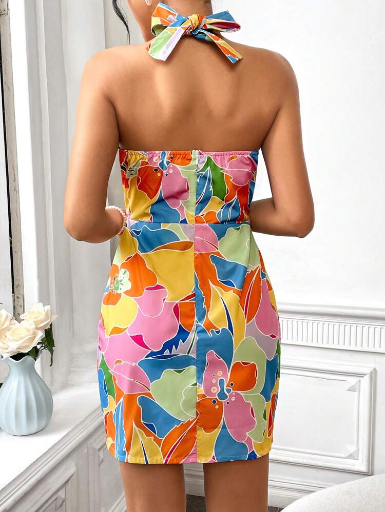 Women's Plunge Neck Full Print Cross Halter Tie Waist Dress