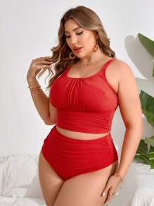 Swim Lushoire 2-Piece Plain Color Plus Size Tankini Set For Women Summer - Red - View 5
