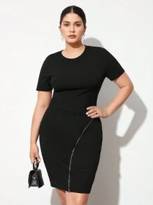 BizChic Conjunto De Camiseta De Manga Corta Para Mujer De Talla Grande Y Falda Con Cremallera Asimétrica