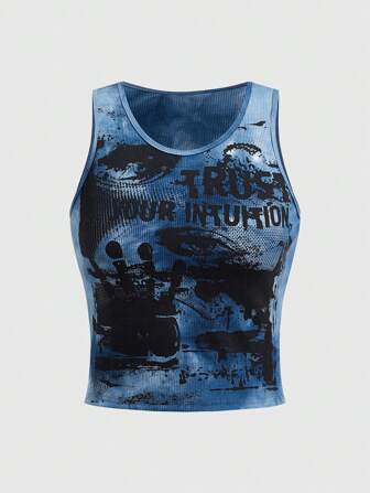 Grunge Punk Damen Top mit rundem Ausschnitt und Slogan Muster, Schule