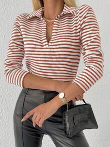 RueChic Vrouwen Gestreept Kraag Lange mouwen T-shirts