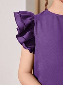 SHEIN Vestido informal para niña preadolescente de unicolor tejido con volantes - Morado - Ver 4