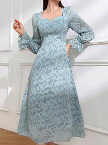 Modelyn Ladies' Floral Jacquard Bell Sleeve Dress - Blue - View 1