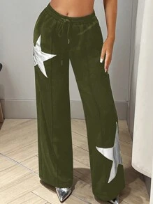 SHEIN ICON Low-Rise Loose Pants With Star Pattern - Army Green - View 1