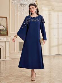 Modelyn 女士植物印花闪亮水钻装饰喇叭袖连衣裙长款晚礼服 - 藏蓝色 - 查看 3