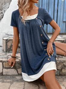 SHEIN VCAY Women's Color Blocking Front Buttoned Dress - Blue - View 6