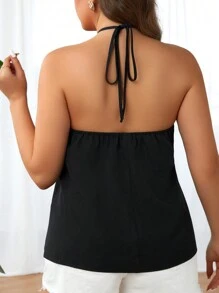 Celure Plus Size Solid Color Halter Top With 3d Flower Decoration