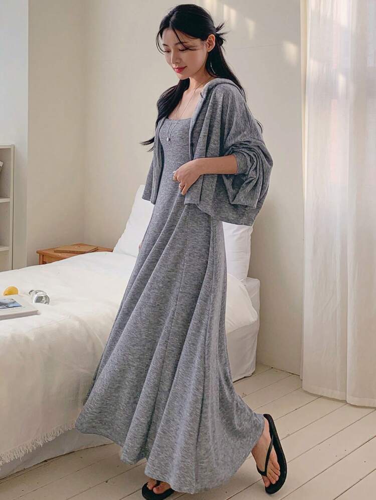 2pcs/Set Women Autumn Embellished Drop Shoulder Long Sleeve Hooded Jacket And Sling Dress For Business Casual,Fall Women Clothes