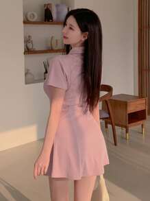 DAZY Women's Button-Down Half Placket Casual Dress - Pink - View 2