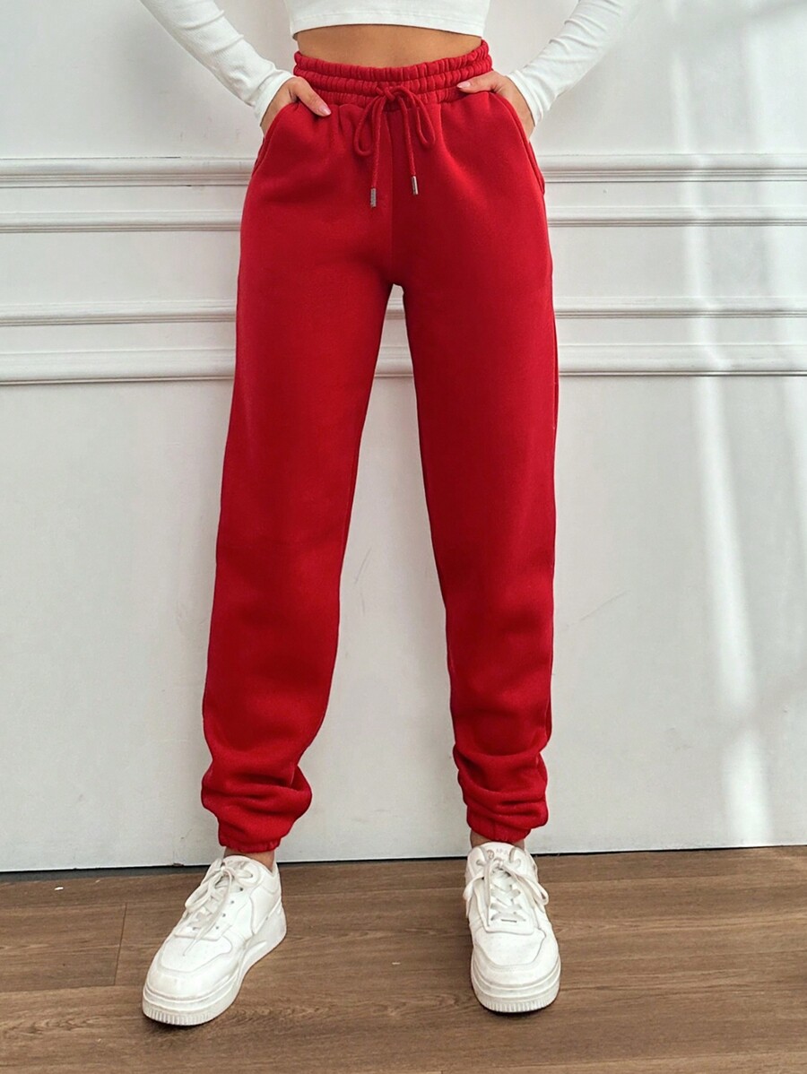 SHEIN Cottnline 女式束口收縮運動長褲 - 紅色 - 查看 1