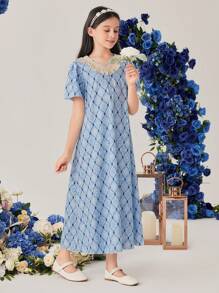 SHEIN Langes Tween-Girl-Kleid mit Fransenverzierung und V-Ausschnitt