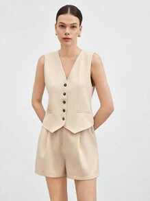 BizChic Bộ vest và quần short cài nút màu trơn dành cho nữ mùa thu/đông - Màu be - Xem 5