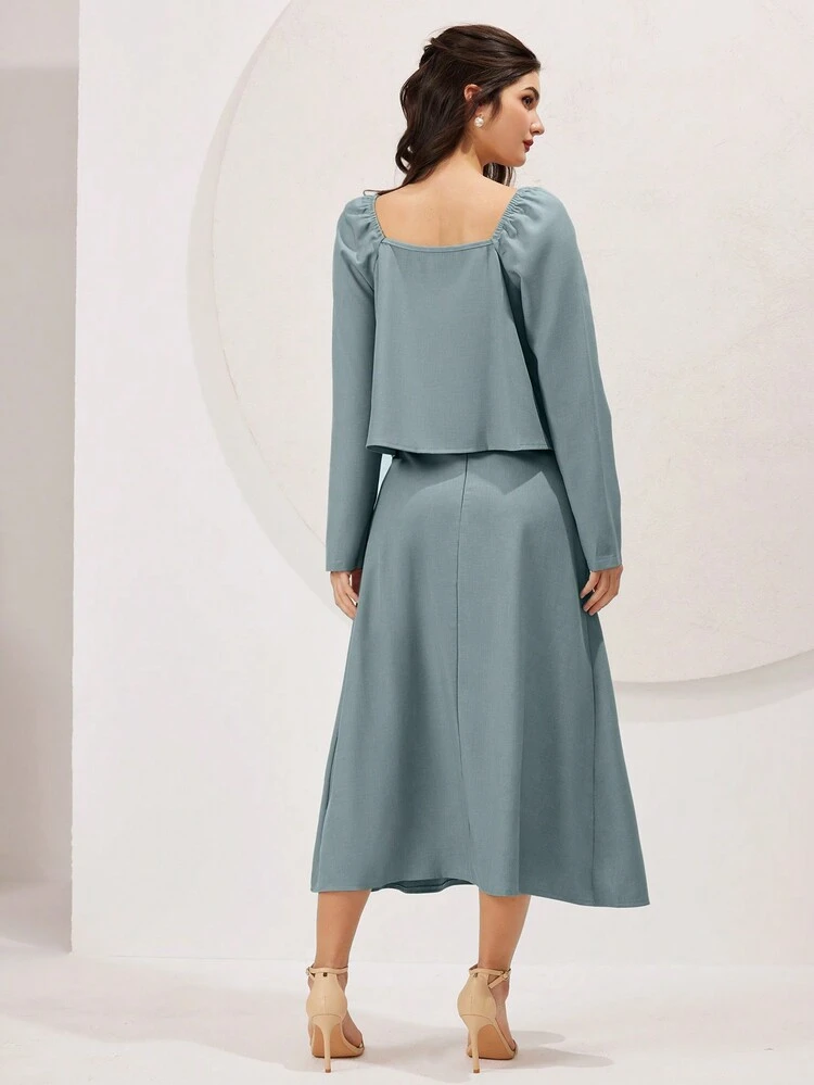 Women's Puff Sleeve Square Neck Top And Skirt Set 2 Piece Set