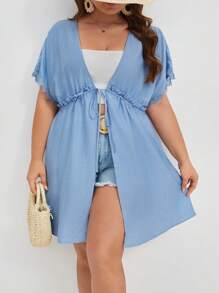 SHEIN VCAY 大尺碼女款純色蕾絲拼接及服寬鬆版型帶腰帶 - 淺藍色 - 查看 1