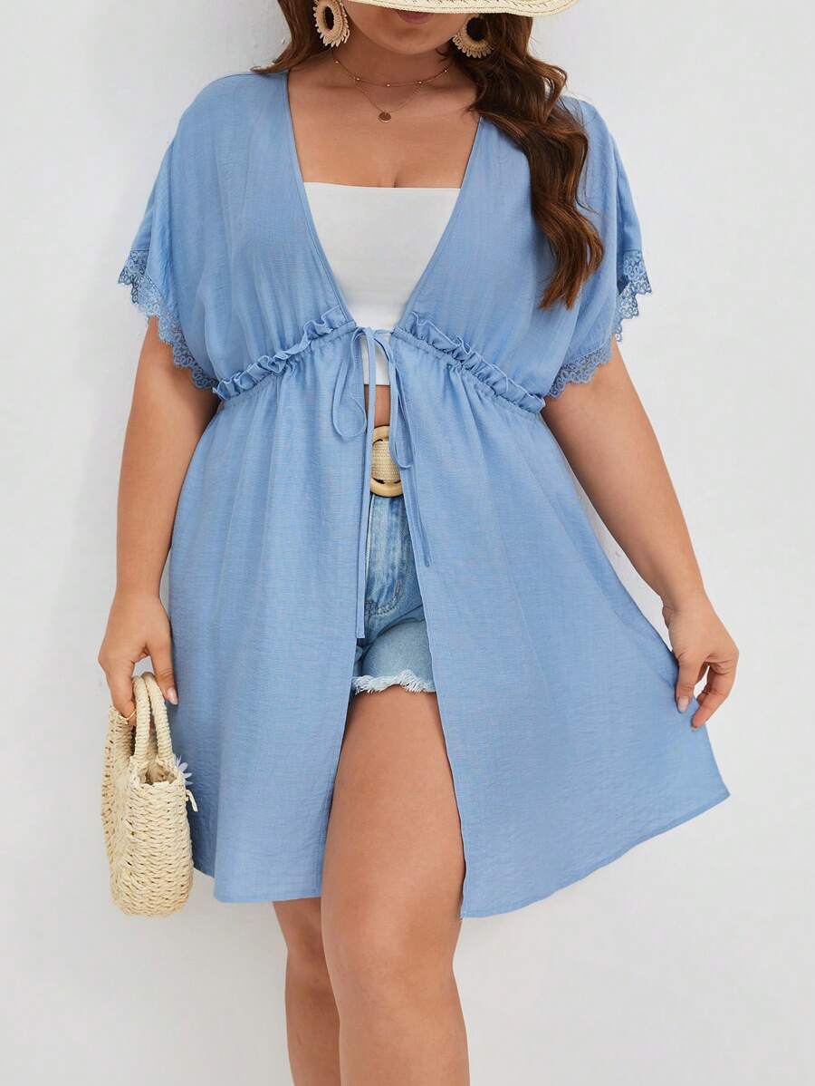 SHEIN VCAY 大尺碼女款純色蕾絲拼接及服寬鬆版型帶腰帶 - 淺藍色 - 查看 1