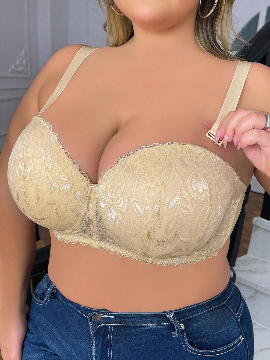 大尺碼女士實色蕾絲無肩帶胸罩,配有鋼圈 - 杏色 - 查看 1