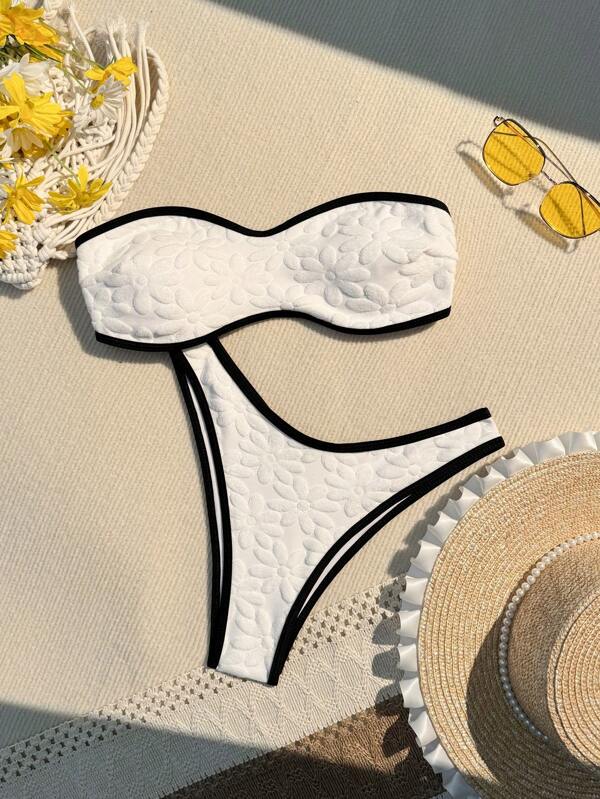 Swim Mod Summer Beach Colorblock Edging Embossed Bikini Set Music Festival