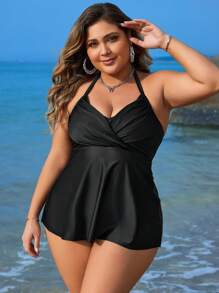 Swim Lushoire Của phụ nữ Kích thước lớn Màu thuần Halterneck Áo vest Phong cách Bikini - màu đen - Xem 6