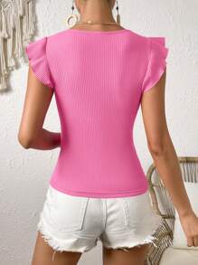 SHEIN VCAY Camiseta Con Dobladillo Con Volantes De Punto Acanalado De Color Sólido - Rosa - Ver 2