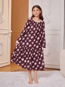 Vestido Feminino Tween Com Estampa Floral Vermelho Vinho Manga Comprida Para Dormir Em Casa
