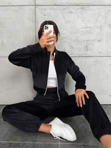 EURMUSE Women'S Zipper Front Jacket And Elastic Waist Long Pants Set - Black - View 3