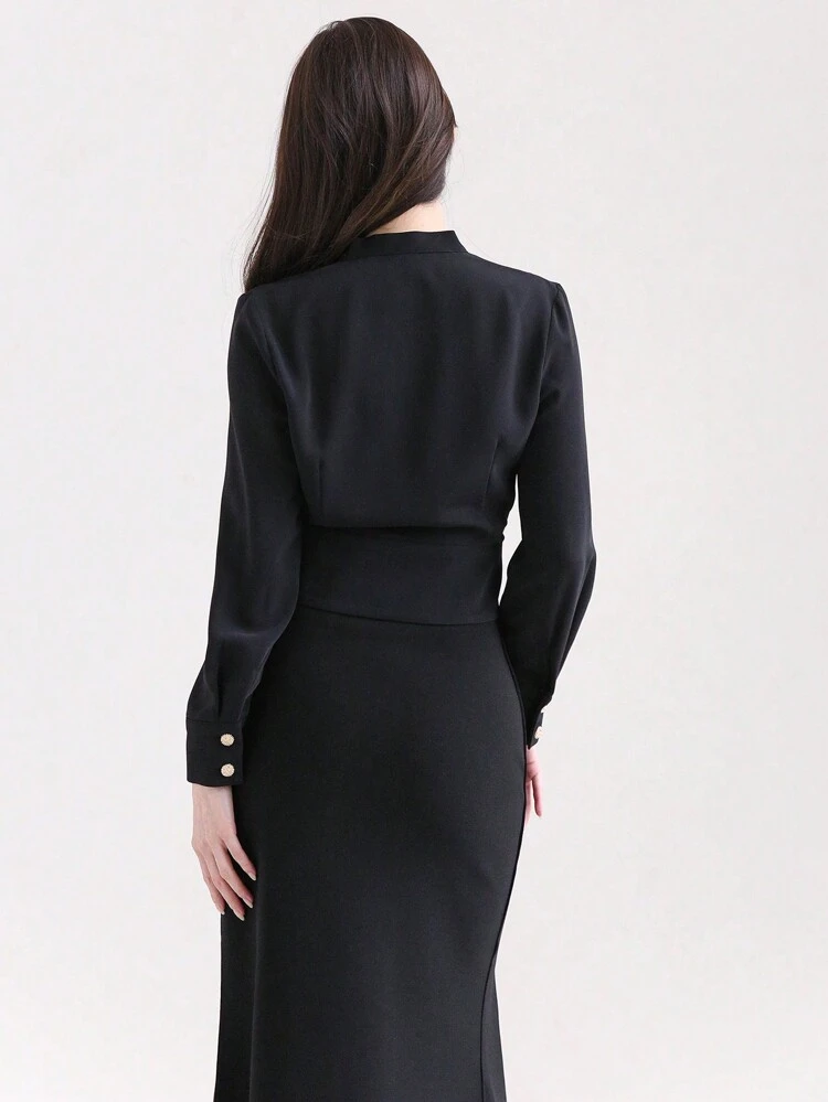 Women's Solid Color Button Detail Asymmetric Hem Shirt,Fall Clothes Long Sleeve Top