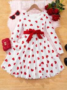 SHEIN Leap Crew Tween Girls' Sporty Sweetheart Pattern Knitted White Base V-Neck Long Sleeve Dress - Red and White - View 1