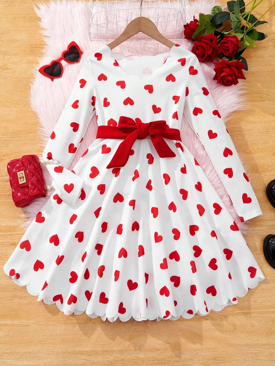 SHEIN Leap Crew Tween Girls' Sporty Sweetheart Pattern Knitted White Base V-Neck Long Sleeve Dress - Red and White - View 1