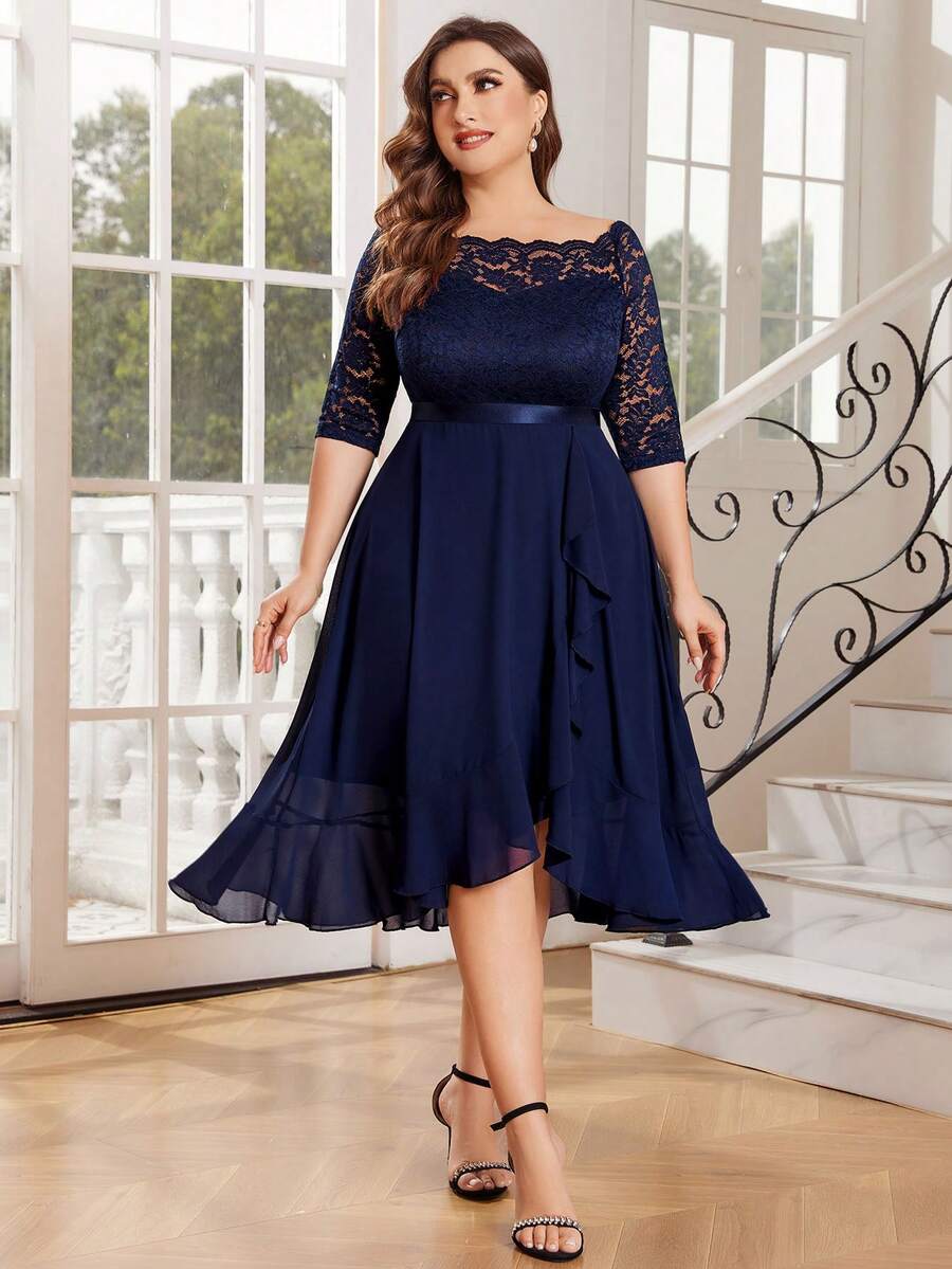 MIUSOL Vestido de fiesta con volantes, hombros descubiertos, encaje floral y mangas cortas, para fiesta, otoño, boda, graduación, cena - Azul Marino - Ver 1