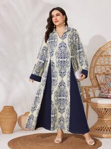 Al Najma Allover Print Contrast Cuff Long Dress Kaftan Jalabiya Dress
