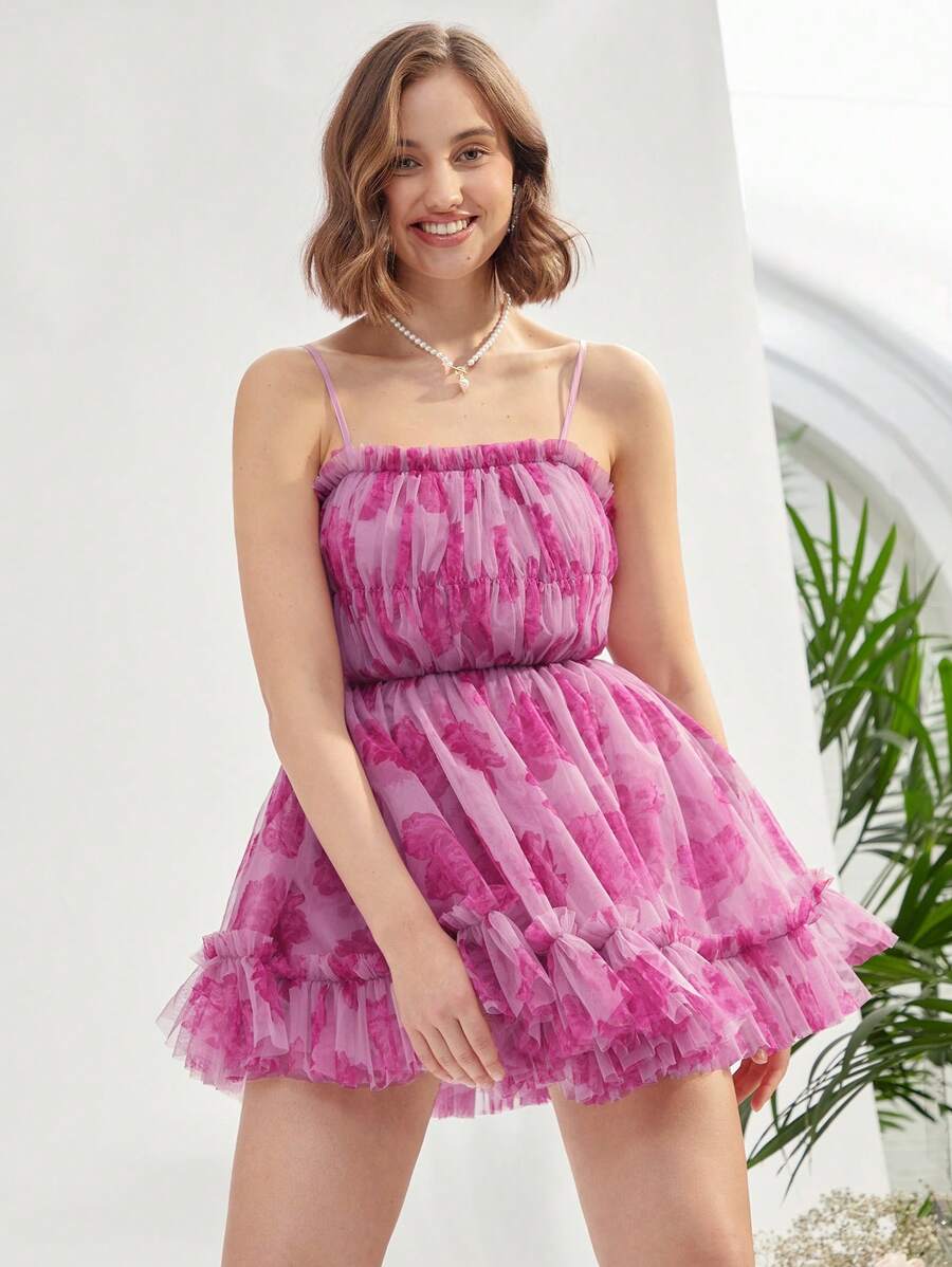 Enchnt Frill Trim Floral Mesh Cami Dress - Hot Pink - View 1