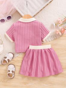 SHEIN Ensemble Haut À Manches Courtes Et Jupe À Motif Ours En Peluche Pour Jeunes Filles - Rose bonbon - Voir 2