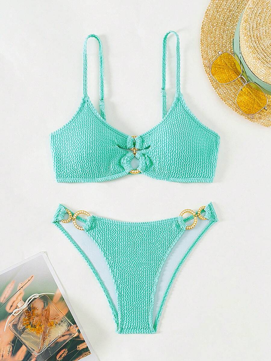 SHEIN Swim Ladies' Swimwear Set With Textured Circular Links, Bikini Set Bathing Suit Beach Outfit Summer Vacation - Baby Blue - View 1