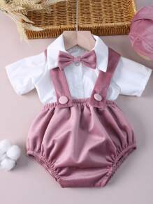 3入組新生兒攝影紳士套裝，適用於男嬰: 帶蝴蝶結襯衫、吊帶褲和帽子 - 彩色 - 查看 8