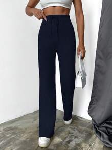 EURMUSE Women's Casual Solid Color Knit Pants, Autumn/Winter - Black - View 3