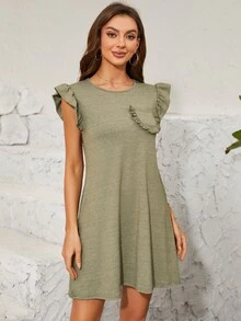 DEARCASE Casual Women's Dress With Ruffle Sleeves And Pocket Decoration - Army Green - View 4
