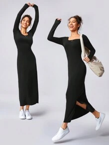 GLOWMODE Ribbed Modal Cut-Out Backless Slit Dress - Black - View 6