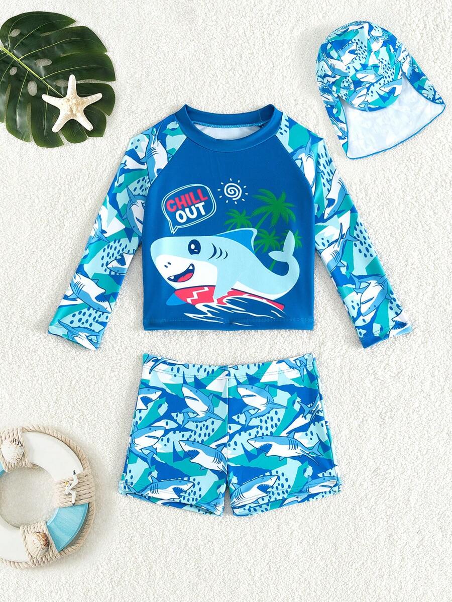 3pcs Baby Boy Swimwear Set With Cute Shark & Undersea World Print, Long